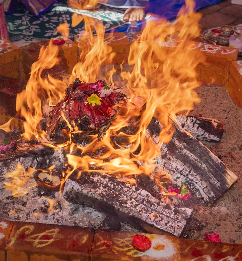 The sacred fire of a homam during a ceremony