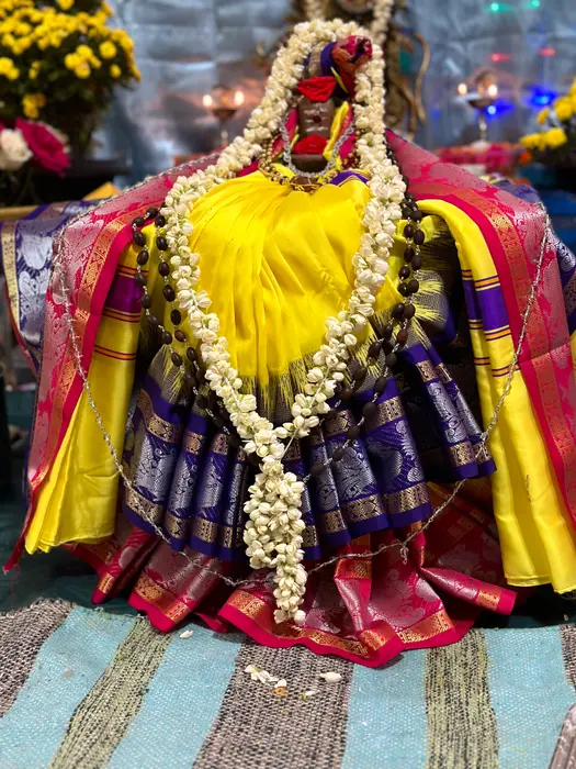 A deity adorned in silk and jasmine garlands