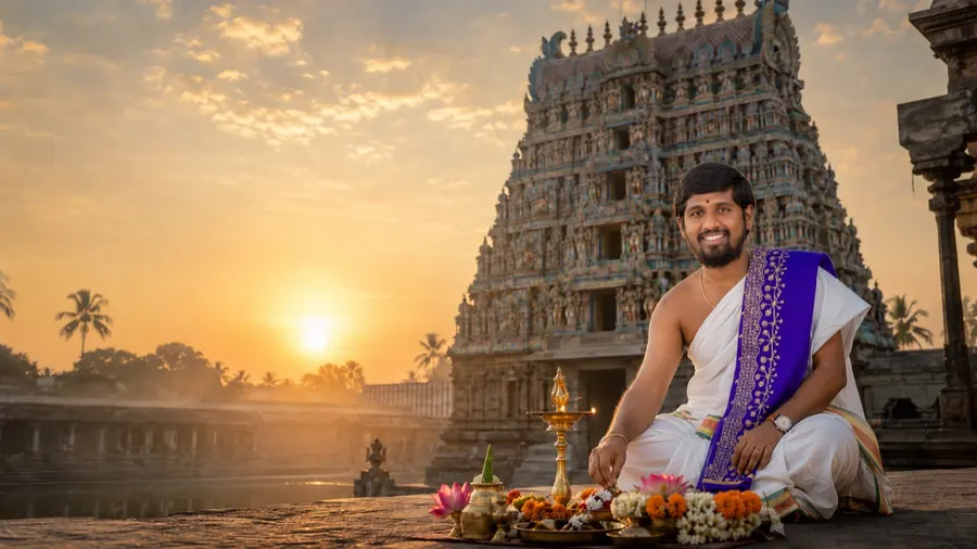 Sri Subramanyam Sharma before a temple gopuram at sunrise